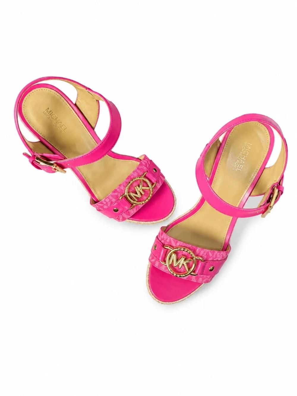 Michael Michael Kors Size 8M Pink Espadrille Wedge Sandals Gold Logo
